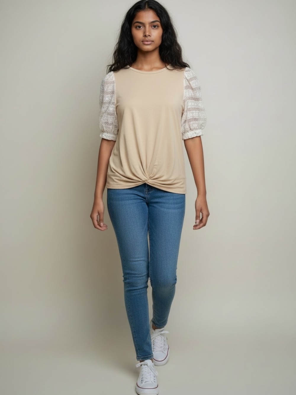 Beige Twist-Front Blouse with White Lace Puff Sleeves